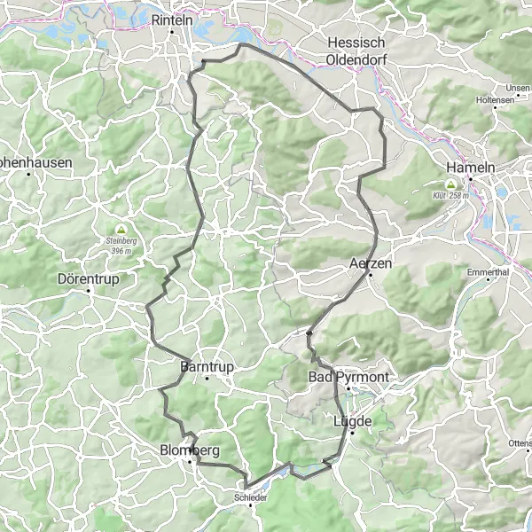 Karten-Miniaturansicht der Radinspiration "Blomberg Panorama: Straßenfahrt durch idyllische Orte" in Detmold, Germany. Erstellt vom Tarmacs.app-Routenplaner für Radtouren