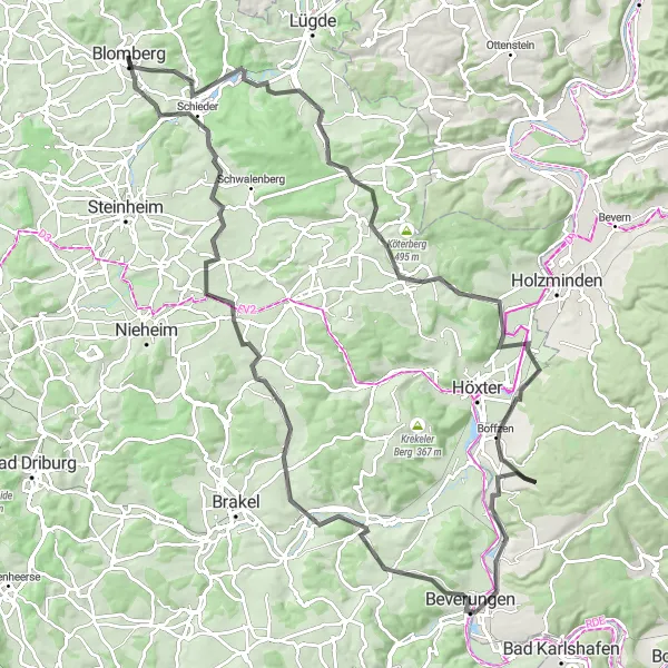 Karten-Miniaturansicht der Radinspiration "Road-Tour von Kleiner Heinberg nach Blomberg" in Detmold, Germany. Erstellt vom Tarmacs.app-Routenplaner für Radtouren