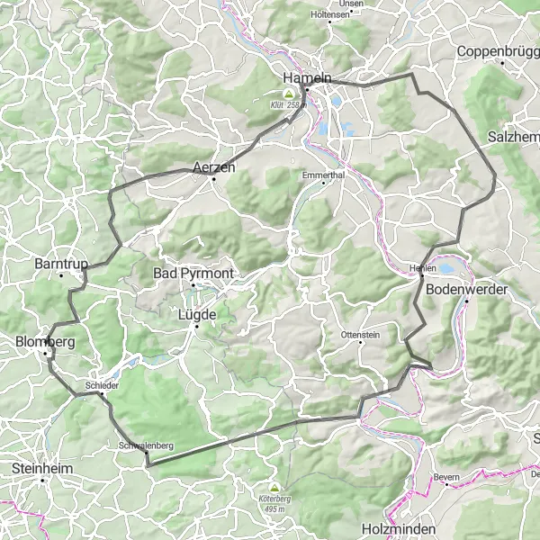 Map miniature of "Blomberg-Steinberg-Aerzen-Riepen-Harderode-Schiffberg-Sperlberg-Schwalenberg-Burg Blomberg Round Trip" cycling inspiration in Detmold, Germany. Generated by Tarmacs.app cycling route planner