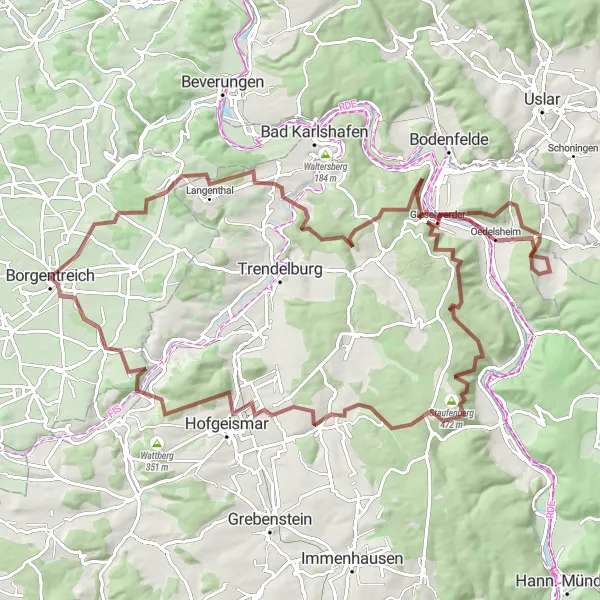 Map miniature of "Hessisches Bergland Gravel Adventure" cycling inspiration in Detmold, Germany. Generated by Tarmacs.app cycling route planner