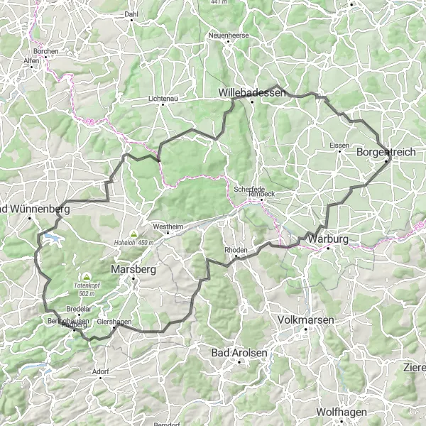 Karten-Miniaturansicht der Radinspiration "Panorama-Radtour rund um Borgentreich" in Detmold, Germany. Erstellt vom Tarmacs.app-Routenplaner für Radtouren