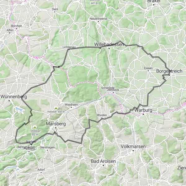 Map miniature of "Warburg Discovery" cycling inspiration in Detmold, Germany. Generated by Tarmacs.app cycling route planner
