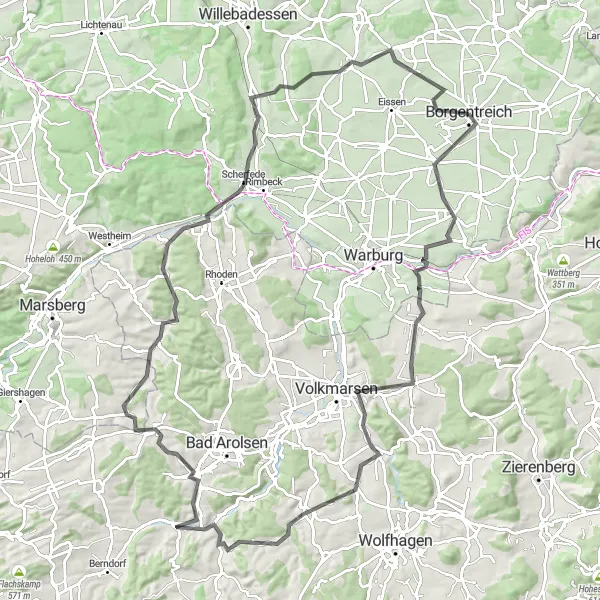 Map miniature of "The Hilly Loop" cycling inspiration in Detmold, Germany. Generated by Tarmacs.app cycling route planner