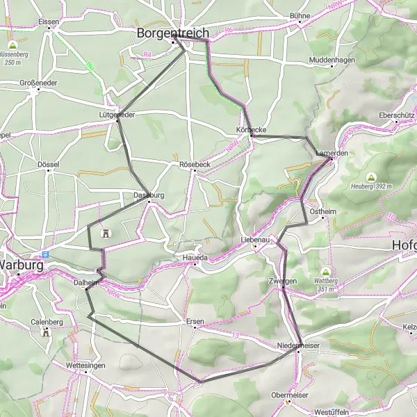 Karten-Miniaturansicht der Radinspiration "Kurze Straßentour um Borgentreich" in Detmold, Germany. Erstellt vom Tarmacs.app-Routenplaner für Radtouren