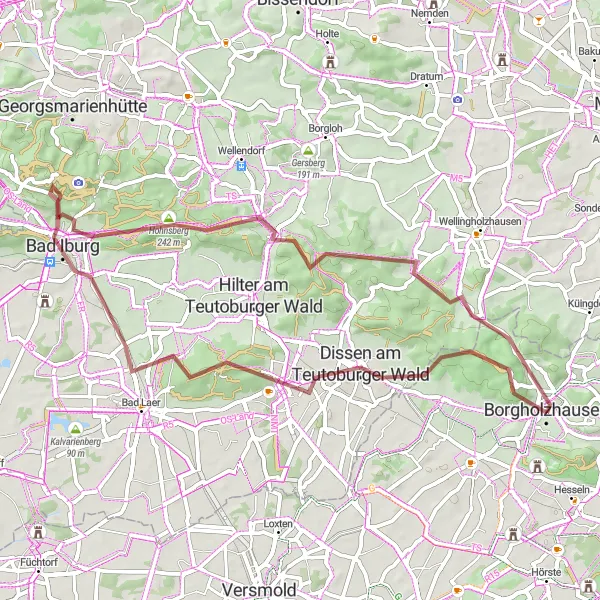 Map miniature of "Gravel Adventure to Neuenkirchener Berg" cycling inspiration in Detmold, Germany. Generated by Tarmacs.app cycling route planner