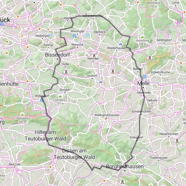 Map miniature of "Teutoburger Wald Adventure" cycling inspiration in Detmold, Germany. Generated by Tarmacs.app cycling route planner