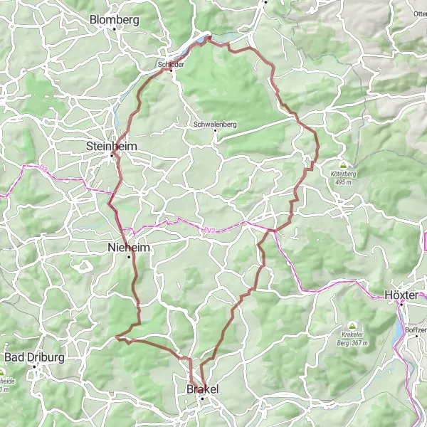 Karten-Miniaturansicht der Radinspiration "Radtour durch die Natur um Brakel" in Detmold, Germany. Erstellt vom Tarmacs.app-Routenplaner für Radtouren