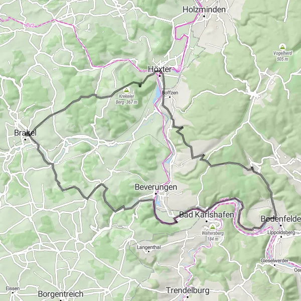 Karten-Miniaturansicht der Radinspiration "Tour um Brakel und Höxter" in Detmold, Germany. Erstellt vom Tarmacs.app-Routenplaner für Radtouren