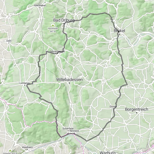 Map miniature of "Brakel to Bad Driburg" cycling inspiration in Detmold, Germany. Generated by Tarmacs.app cycling route planner