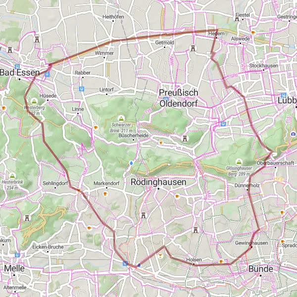 Map miniature of "The Gravel Adventure: Bünde to Ostkilver" cycling inspiration in Detmold, Germany. Generated by Tarmacs.app cycling route planner