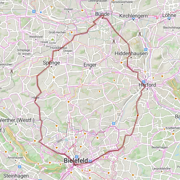 Karten-Miniaturansicht der Radinspiration "Gravel-Tour durch Ostwestfalen" in Detmold, Germany. Erstellt vom Tarmacs.app-Routenplaner für Radtouren