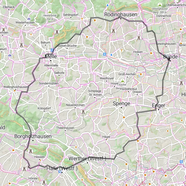 Karten-Miniaturansicht der Radinspiration "Auf den Spuren von Enger nach Bünde" in Detmold, Germany. Erstellt vom Tarmacs.app-Routenplaner für Radtouren