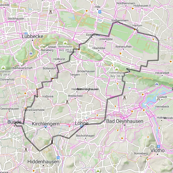 Map miniature of "Spradow and Beyond: Road Cycling Adventure" cycling inspiration in Detmold, Germany. Generated by Tarmacs.app cycling route planner