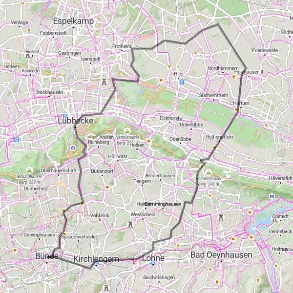 Karten-Miniaturansicht der Radinspiration "Kultur und Geschichte entlang der Strecke" in Detmold, Germany. Erstellt vom Tarmacs.app-Routenplaner für Radtouren