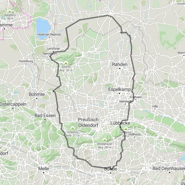 Map miniature of "Bünde Enthroned" cycling inspiration in Detmold, Germany. Generated by Tarmacs.app cycling route planner