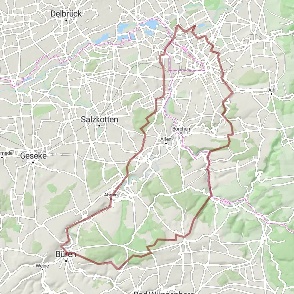 Map miniature of "Elsen Gravel Adventure" cycling inspiration in Detmold, Germany. Generated by Tarmacs.app cycling route planner