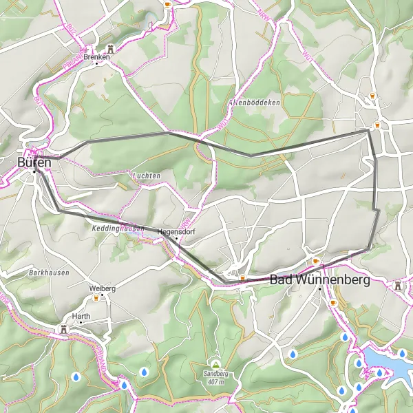 Karten-Miniaturansicht der Radinspiration "Haaren und Bad Wünnenberg Rundweg" in Detmold, Germany. Erstellt vom Tarmacs.app-Routenplaner für Radtouren