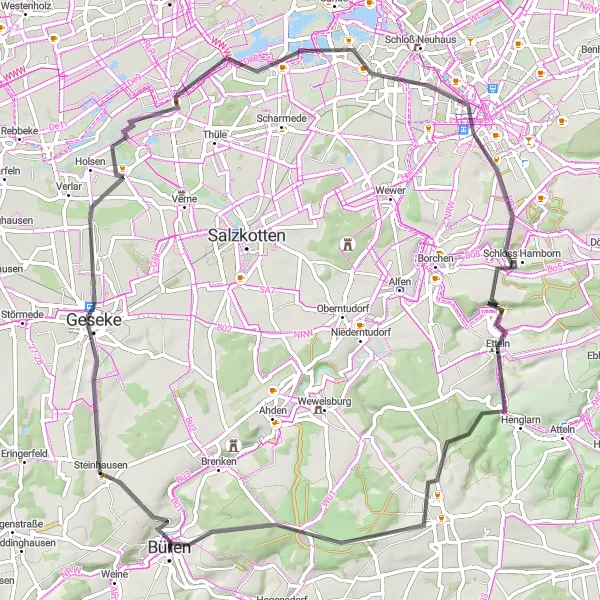 Karten-Miniaturansicht der Radinspiration "Teufelsstein und Paderborn Rundfahrt" in Detmold, Germany. Erstellt vom Tarmacs.app-Routenplaner für Radtouren