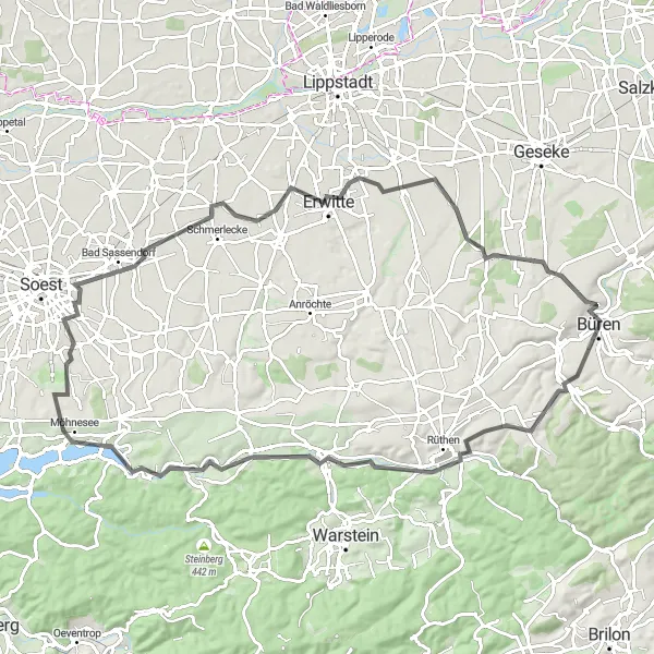 Map miniature of "Siddinghausen Scenic Loop" cycling inspiration in Detmold, Germany. Generated by Tarmacs.app cycling route planner