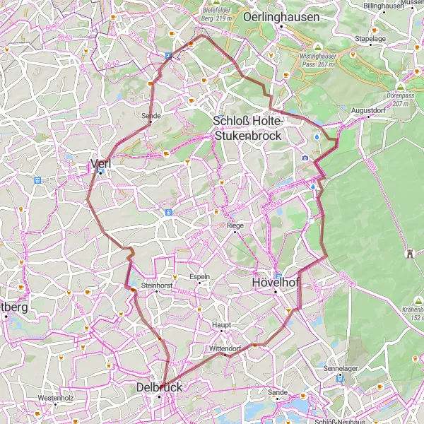 Map miniature of "Delbrück Gravel Trail" cycling inspiration in Detmold, Germany. Generated by Tarmacs.app cycling route planner
