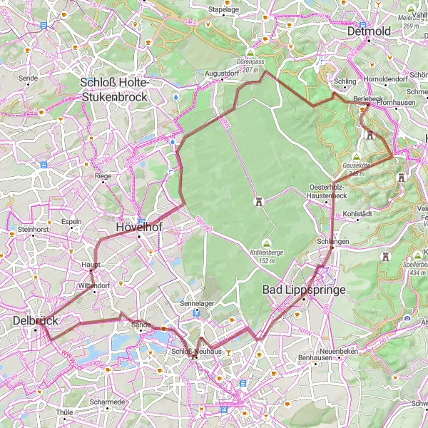Karten-Miniaturansicht der Radinspiration "Erlebnisreiche Gravel-Tour" in Detmold, Germany. Erstellt vom Tarmacs.app-Routenplaner für Radtouren