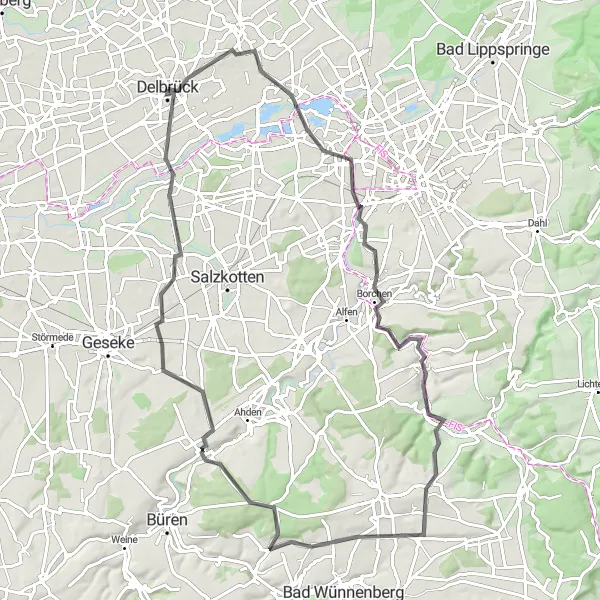 Karten-Miniaturansicht der Radinspiration "Hügelige Herausforderung durch Delbrücker Rücken" in Detmold, Germany. Erstellt vom Tarmacs.app-Routenplaner für Radtouren