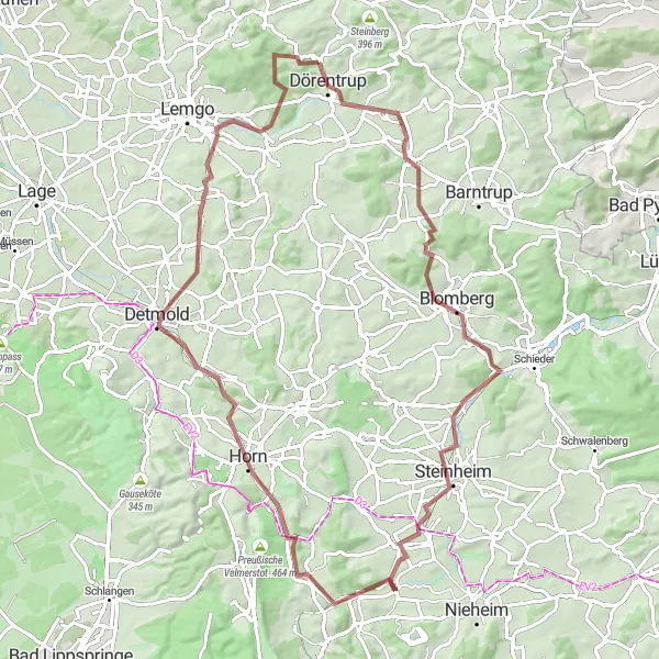 Karten-Miniaturansicht der Radinspiration "Gravel Route durch Oeynhausen" in Detmold, Germany. Erstellt vom Tarmacs.app-Routenplaner für Radtouren