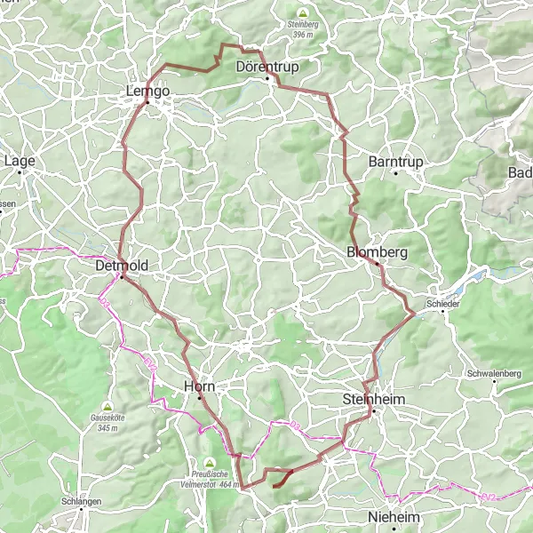 Karten-Miniaturansicht der Radinspiration "Gravel Abenteuer um Blomberg" in Detmold, Germany. Erstellt vom Tarmacs.app-Routenplaner für Radtouren