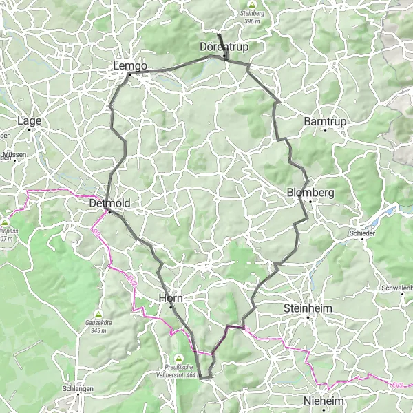 Map miniature of "Road Adventure" cycling inspiration in Detmold, Germany. Generated by Tarmacs.app cycling route planner
