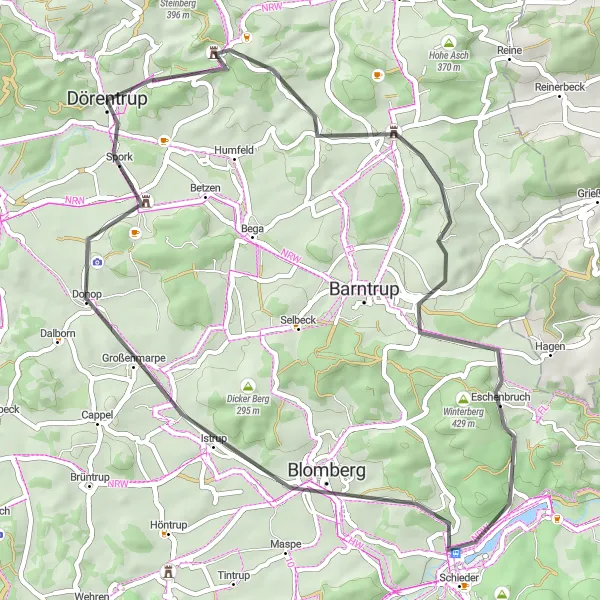 Map miniature of "Scenic Countryside Ride" cycling inspiration in Detmold, Germany. Generated by Tarmacs.app cycling route planner