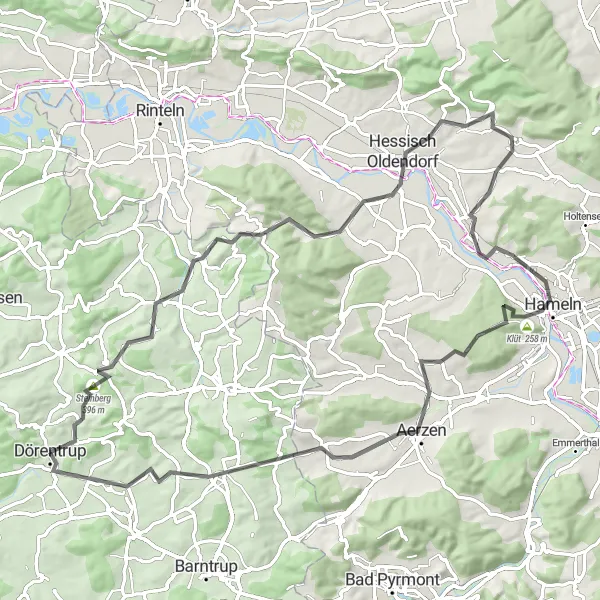 Map miniature of "Dörentrup-Hamelin-Aerzen" cycling inspiration in Detmold, Germany. Generated by Tarmacs.app cycling route planner