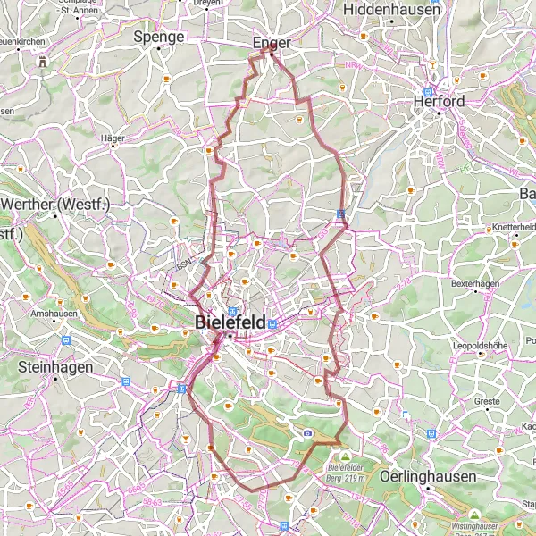 Karten-Miniaturansicht der Radinspiration "Rund um Enger: Burgen und Natur" in Detmold, Germany. Erstellt vom Tarmacs.app-Routenplaner für Radtouren