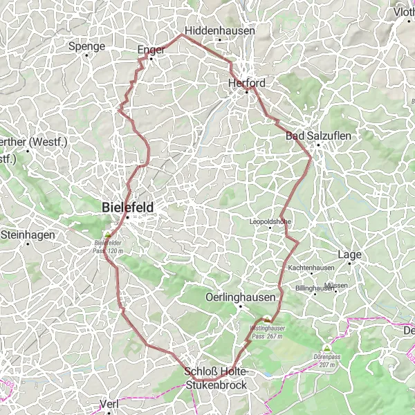 Map miniature of "Scenic Gravel Tour" cycling inspiration in Detmold, Germany. Generated by Tarmacs.app cycling route planner