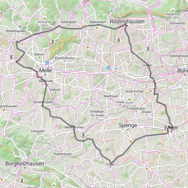 Map miniature of "Hilltops and Villages" cycling inspiration in Detmold, Germany. Generated by Tarmacs.app cycling route planner