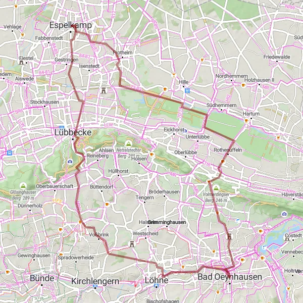Map miniature of "Gravel Ride through Espelkamp" cycling inspiration in Detmold, Germany. Generated by Tarmacs.app cycling route planner