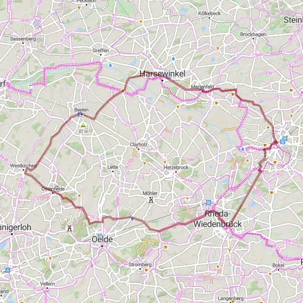 Karten-Miniaturansicht der Radinspiration "Ländliche Gravel-Tour durch das Münsterland" in Detmold, Germany. Erstellt vom Tarmacs.app-Routenplaner für Radtouren