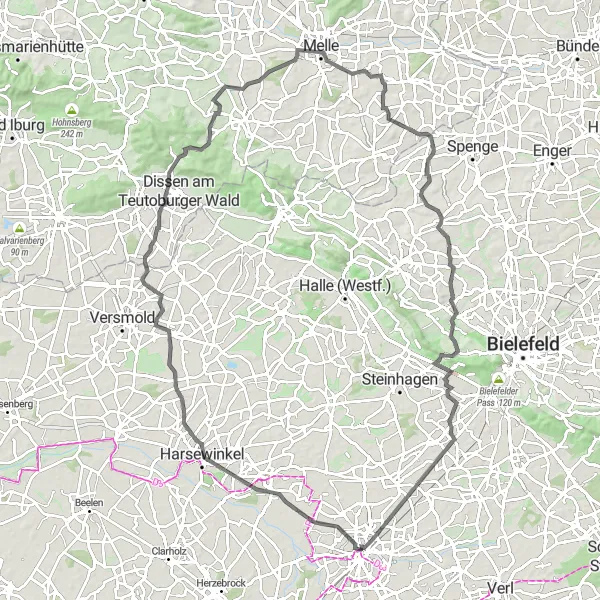 Karten-Miniaturansicht der Radinspiration "Rund um Gütersloh und Detmold" in Detmold, Germany. Erstellt vom Tarmacs.app-Routenplaner für Radtouren