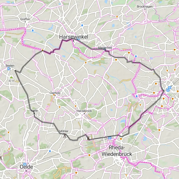 Karten-Miniaturansicht der Radinspiration "Kurze Rundtour um Gütersloh" in Detmold, Germany. Erstellt vom Tarmacs.app-Routenplaner für Radtouren