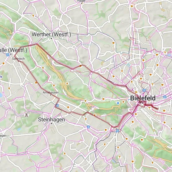 Map miniature of "Halle (Westf.) and Bielefeld Gravel Ride" cycling inspiration in Detmold, Germany. Generated by Tarmacs.app cycling route planner