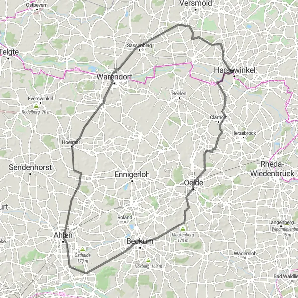 Map miniature of "Historic Towns and Tranquil Landscapes" cycling inspiration in Detmold, Germany. Generated by Tarmacs.app cycling route planner