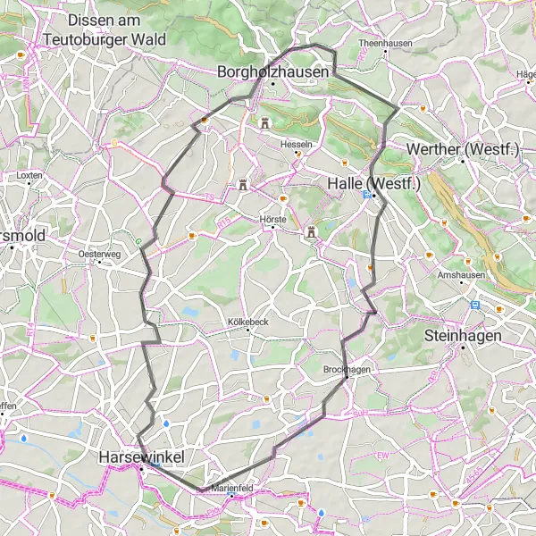 Map miniature of "Discovering Halle and Marienfeld" cycling inspiration in Detmold, Germany. Generated by Tarmacs.app cycling route planner