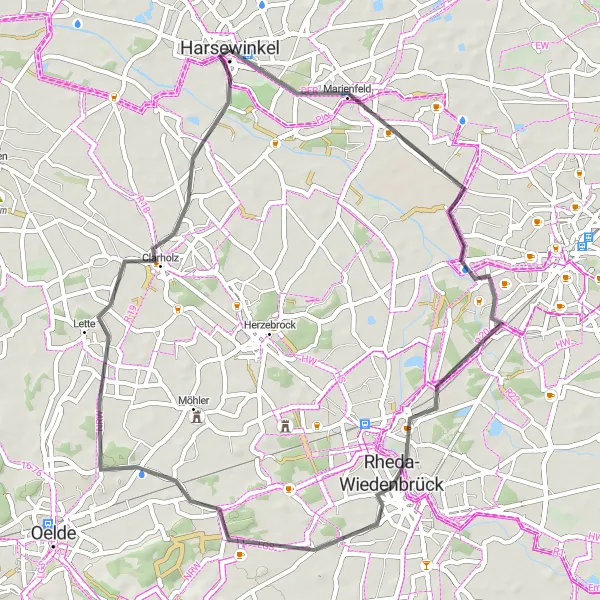 Map miniature of "Marienfeld Tour" cycling inspiration in Detmold, Germany. Generated by Tarmacs.app cycling route planner