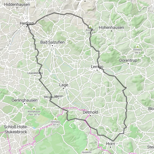 Map miniature of "The Hills of Herford" cycling inspiration in Detmold, Germany. Generated by Tarmacs.app cycling route planner