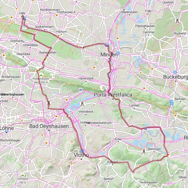 Map miniature of "The Minden-Hille Loop" cycling inspiration in Detmold, Germany. Generated by Tarmacs.app cycling route planner