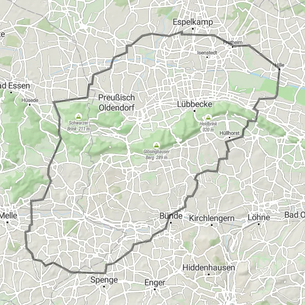 Map miniature of "Detmold Tour: Villages and Vistas" cycling inspiration in Detmold, Germany. Generated by Tarmacs.app cycling route planner