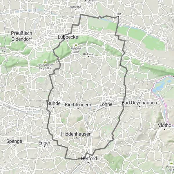 Karten-Miniaturansicht der Radinspiration "Erkunden Sie die Schönheit von Hille und Umgebung" in Detmold, Germany. Erstellt vom Tarmacs.app-Routenplaner für Radtouren