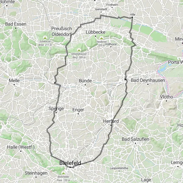 Karten-Miniaturansicht der Radinspiration "Road-Tour durch Bielefeld und Herford" in Detmold, Germany. Erstellt vom Tarmacs.app-Routenplaner für Radtouren