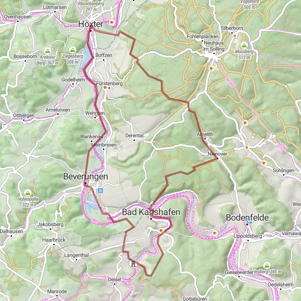 Map miniature of "Scenic Gravel Ride to Amelither-Hütte" cycling inspiration in Detmold, Germany. Generated by Tarmacs.app cycling route planner