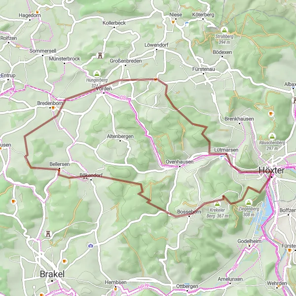 Map miniature of "Höxter - Bökendorf - Hungerberg" cycling inspiration in Detmold, Germany. Generated by Tarmacs.app cycling route planner