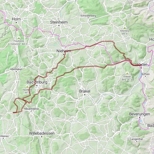 Map miniature of "Gravel Adventure through Nature's Treasures" cycling inspiration in Detmold, Germany. Generated by Tarmacs.app cycling route planner